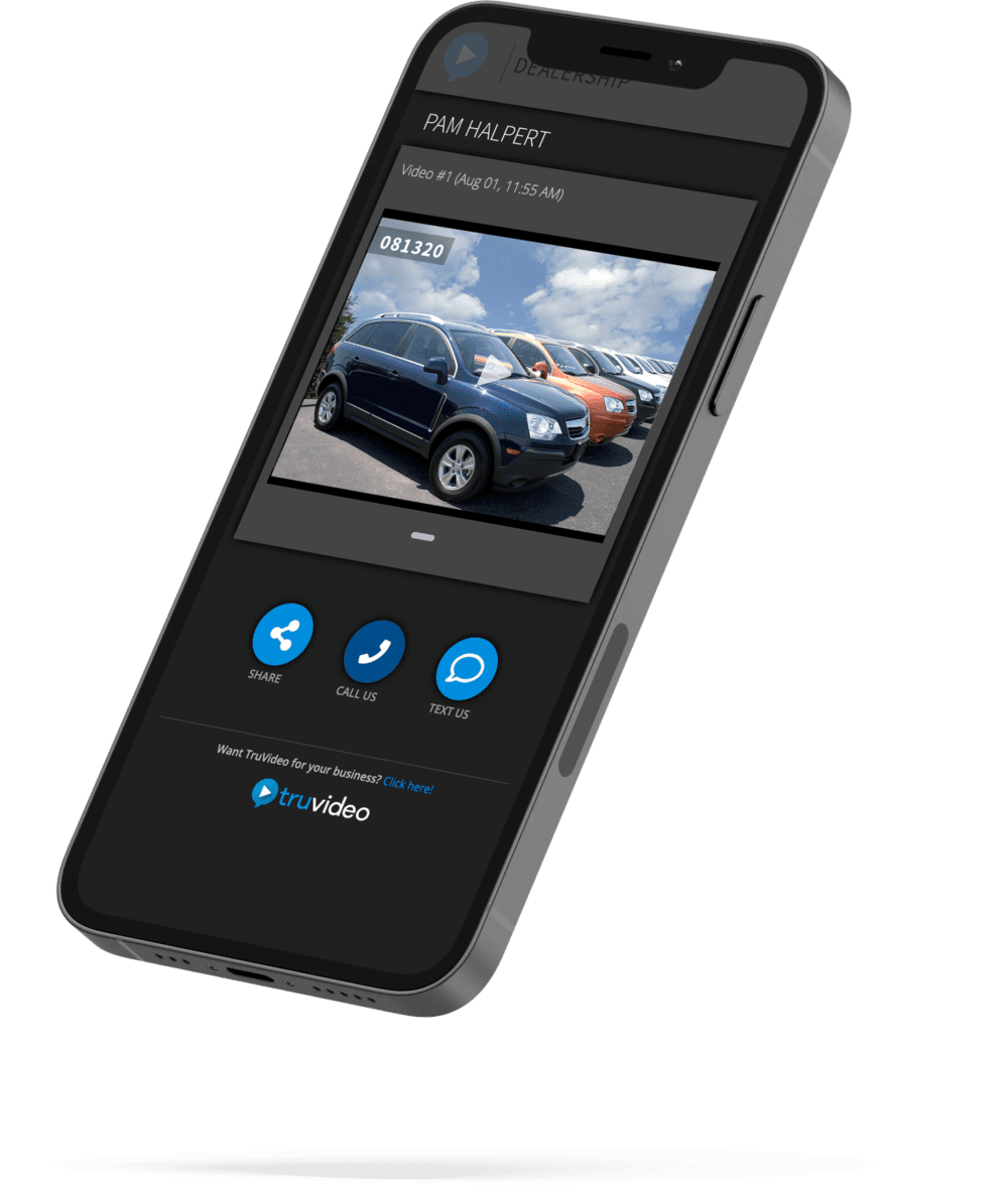 A phone is shown with the truVideo app displaying a video.