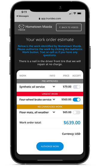 A phone with the truvideo app showing work order estimates..