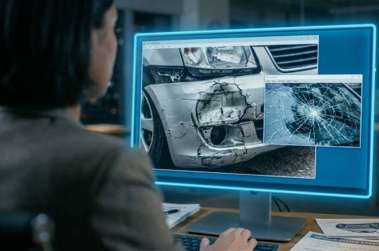Woman looking at vehicle damage on laptop