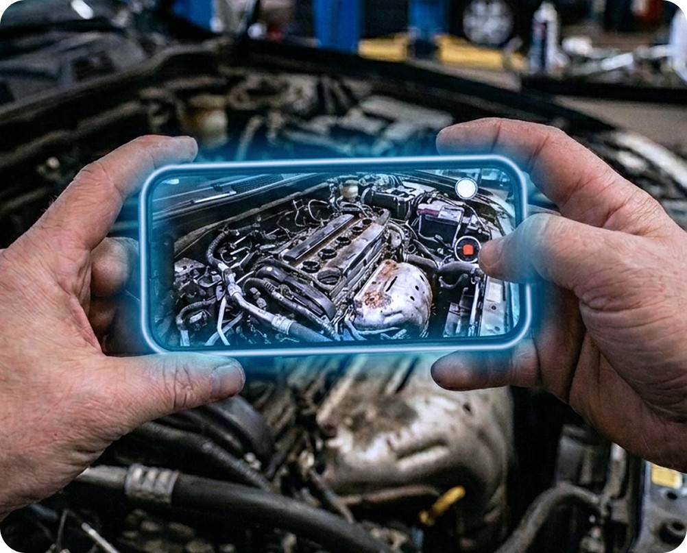 Examining under hood of car 