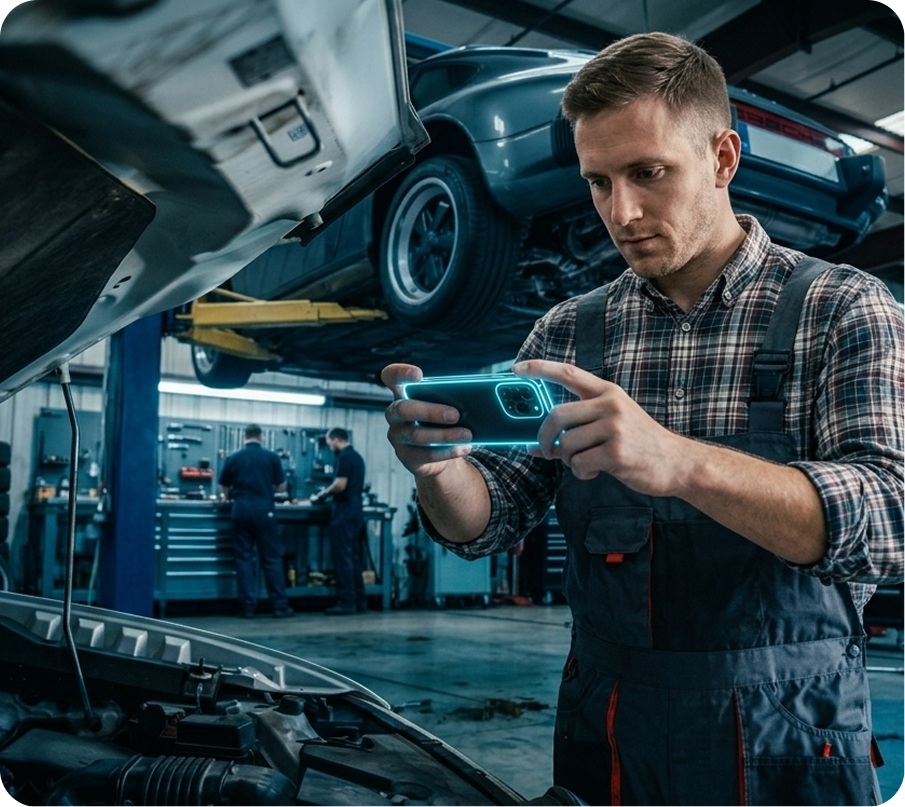 Man examining car under hood