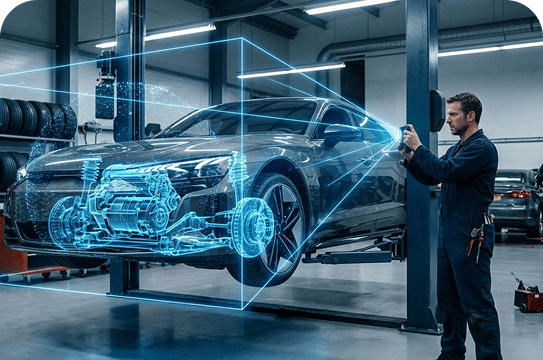 Man scanning inner parts of vehicle